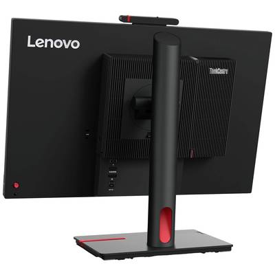 Achterzijde van een zwarte Lenovo-monitor met rode accenten op de voet. Sleuven en aansluitingen zijn zichtbaar.
