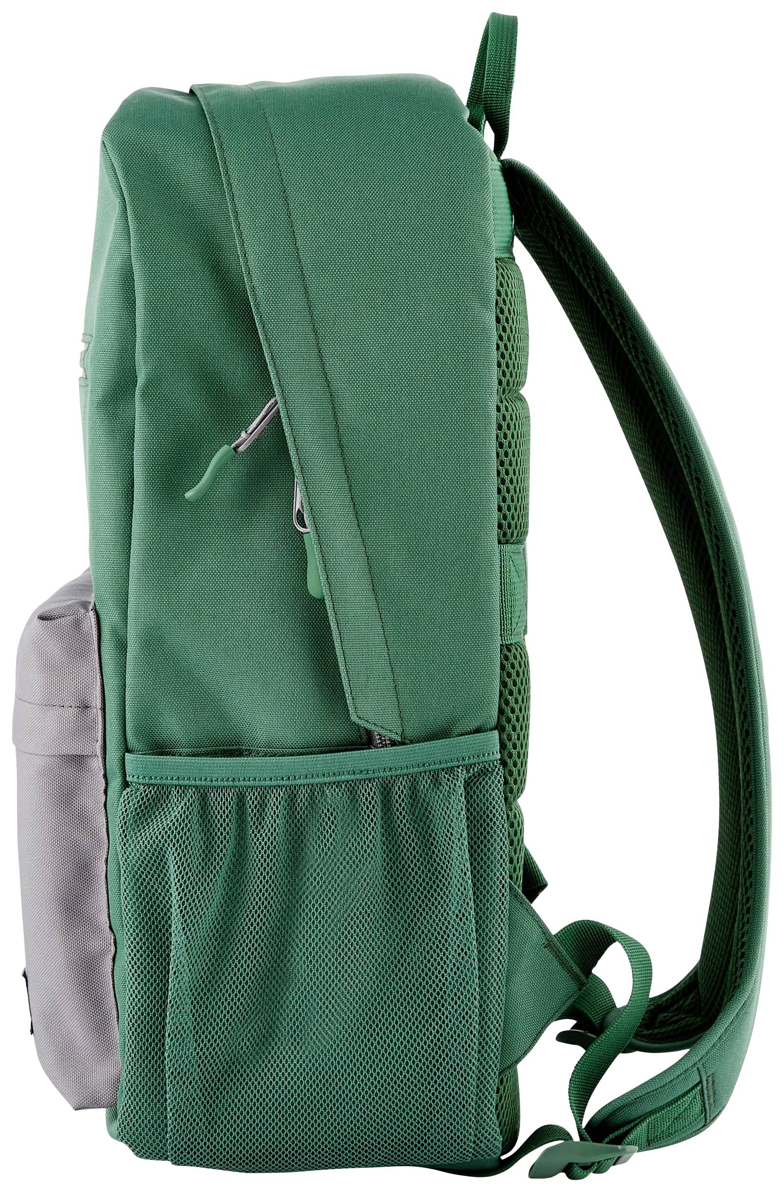 Groene rugzak met grijze zijtas, rits en gewatteerde schouderbanden. Ideaal voor school of vrije tijd.