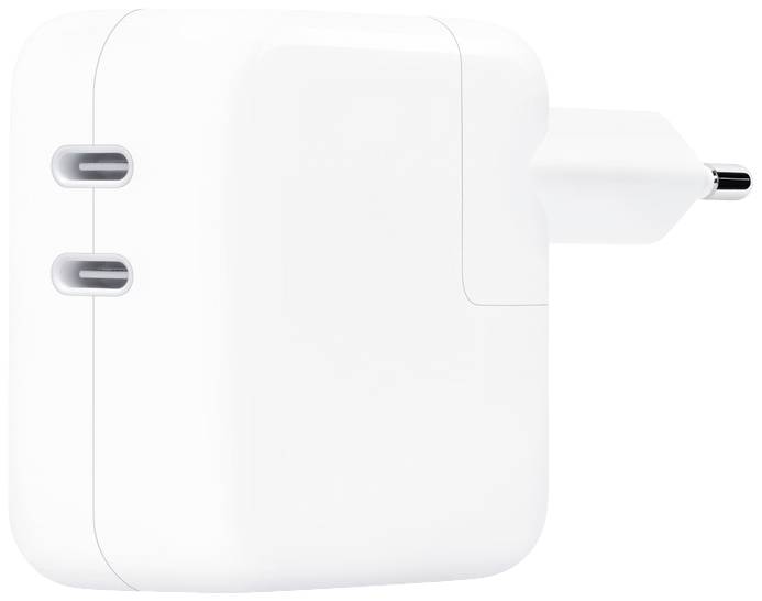 Wit USB-C-oplaadapparaat met twee poorten, zijaanzicht.