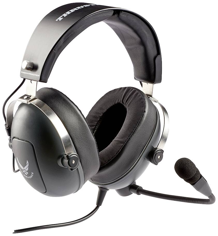 Een zwarte headset met microfoon. Hij heeft gepolsterde oorkussens en een verstelbare hoofdband, geschikt voor communicatie of gaming.