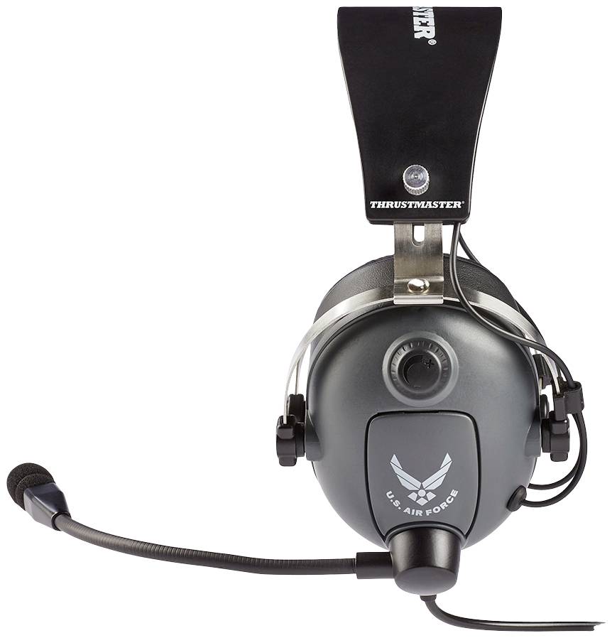 Headset met microfoonarm en 'U.S. Air Force'-logo in het midden. Zilverkleurige hoofdband bovenaan. Ontworpen voor gaming of communicatie.