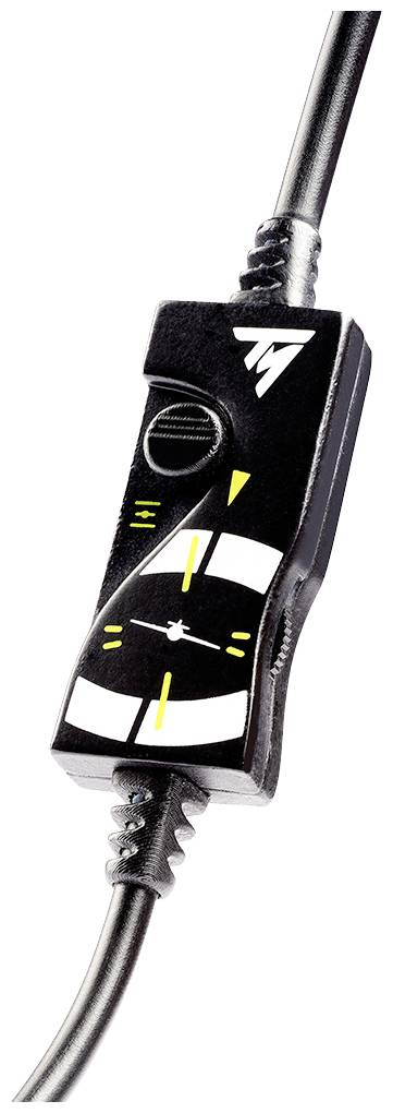 Zwarte kabelschakelaar met gele en witte markeringen, driehoekige knop bovenaan en iconisch uitlijningssymbool aan de zijkant.