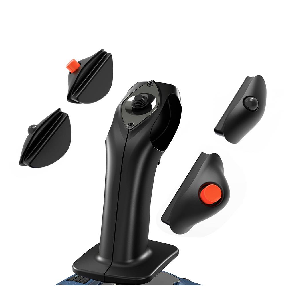 Een zwarte joystick met verschillende verwisselbare drukknopopzetstukken die links en rechts van de joystick kunnen worden bevestigd.