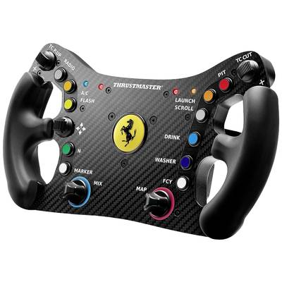 Een zwart-rood Thrustmaster-stuurwiel in Ferrari-stijl met knoppen en draaiknoppen.