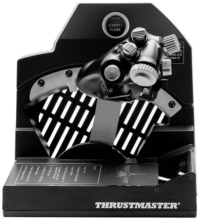 Zwarte joystick met gashandel voorzien van meerdere knoppen en toetsen, gemonteerd op een zwarte voet, met 'Thrustmaster'-logo onderaan.