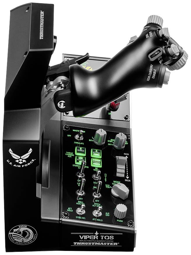 Een besturingseenheid met joystick en talrijke knoppen en schakelaars, gelabeld met 'VIPER TQS' en 'THRUSTMASTER', voor vluchtsimulaties.