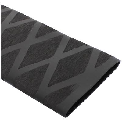 Een sectie van een zwarte rubberen handgreep met een ruitvormig patroon dat zorgt voor een slipvaste grip.
