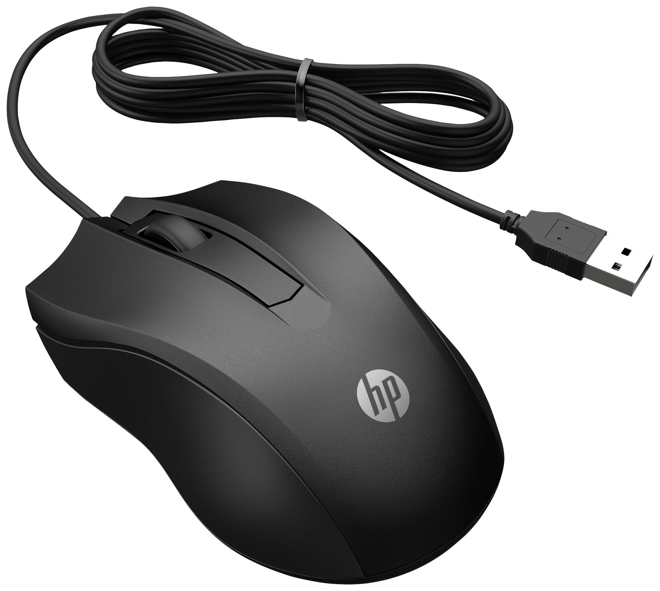 Zwarte HP-computermuis met USB-kabel, geschikt voor desktop-computers of laptops, functioneel voor algemene computeractiviteiten.