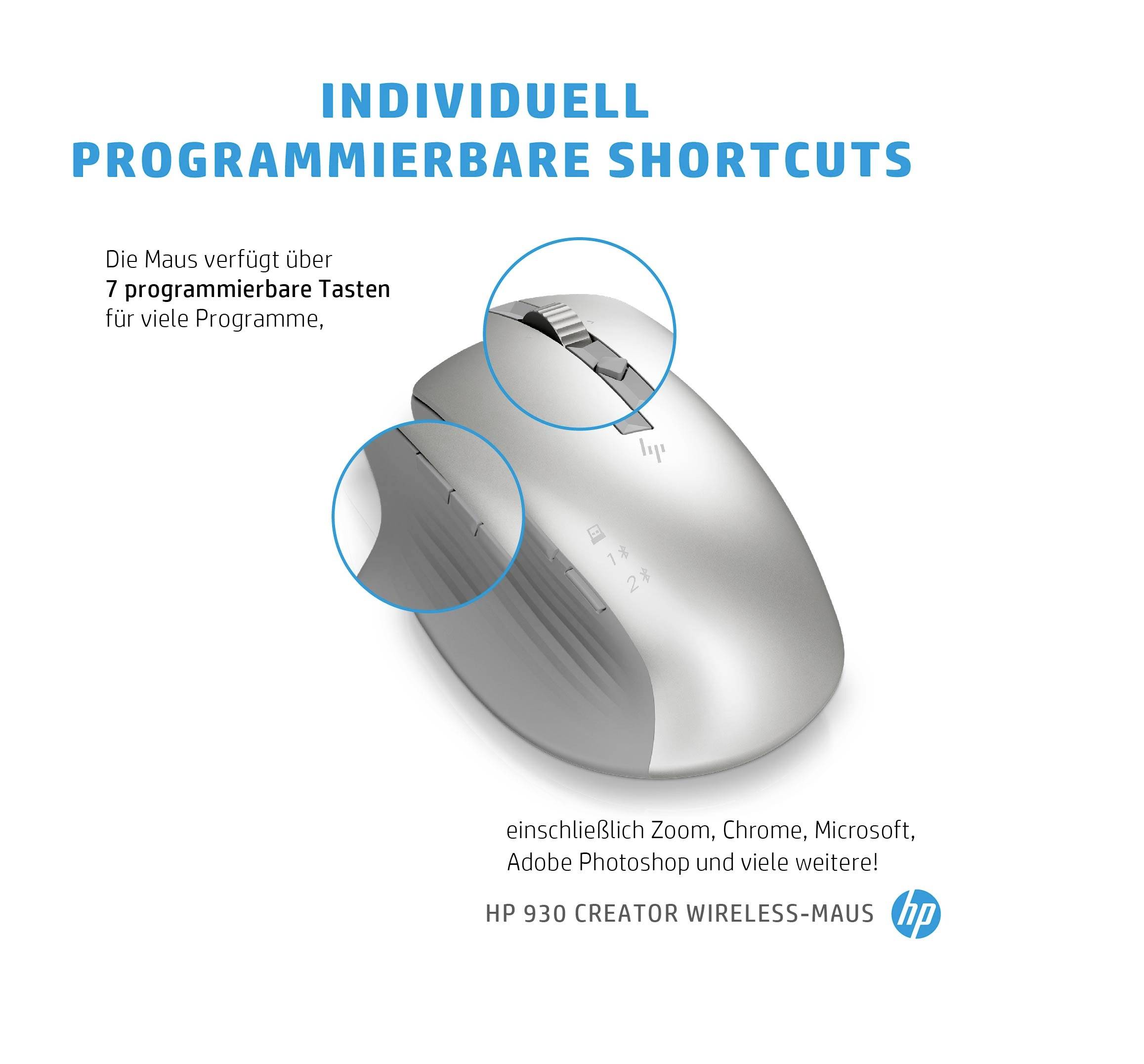 'Individueel programmeerbare sneltoetsen' - Afbeelding toont een zilveren computermuis met 7 programmeerbare knoppen.