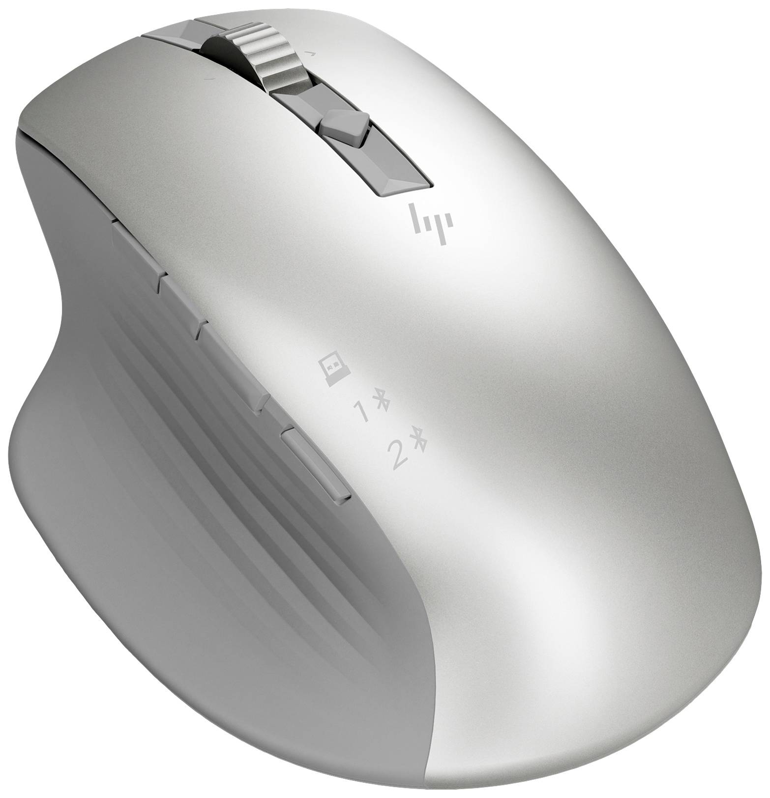 Zilveren, ergonomische, draadloze computermuis met scrollwiel en meerdere knoppen, geschikt voor efficiënt werken.
