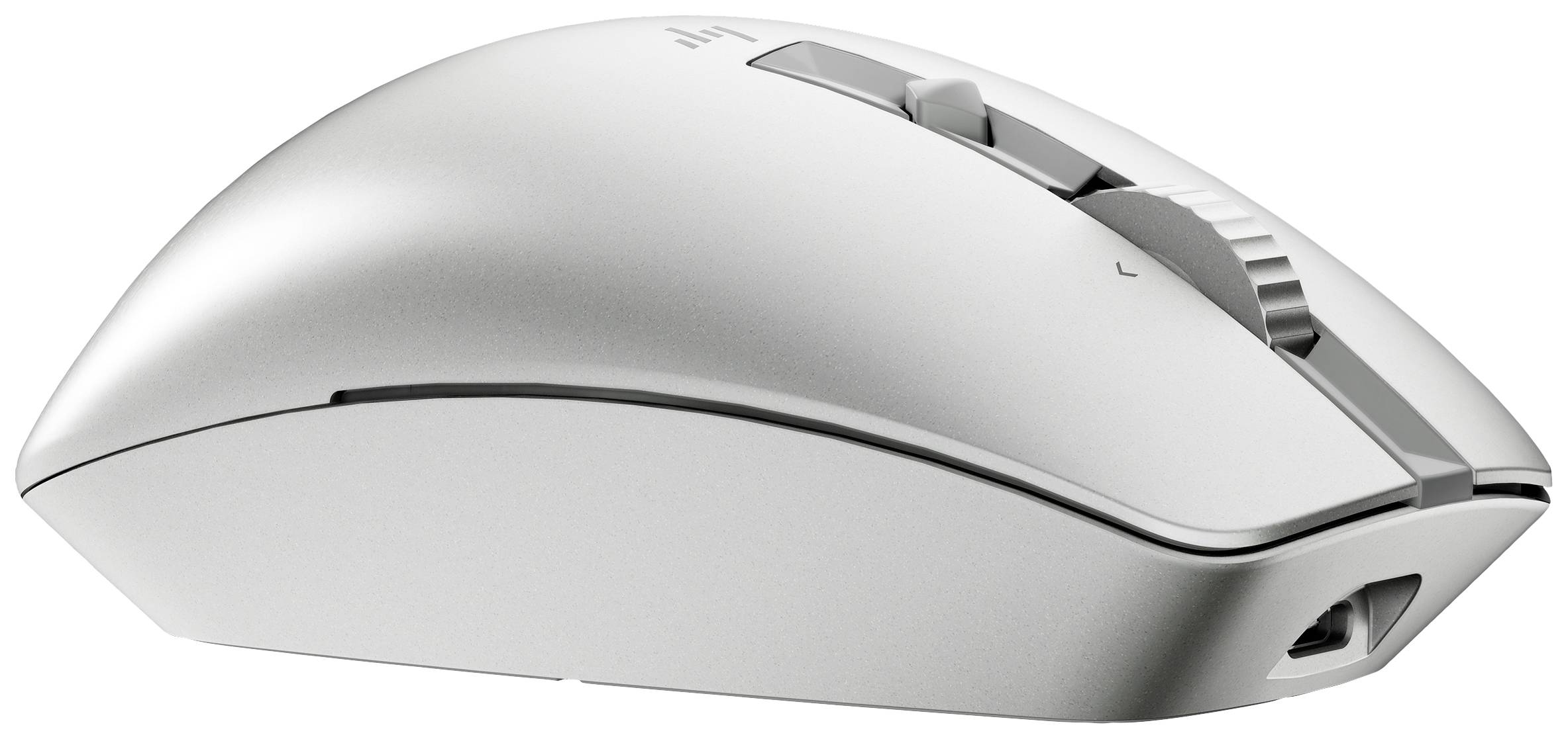 Zilveren draadloze computermuis met ergonomisch ontwerp, zijaanzicht. Bevat scrollwiel en knoppen.