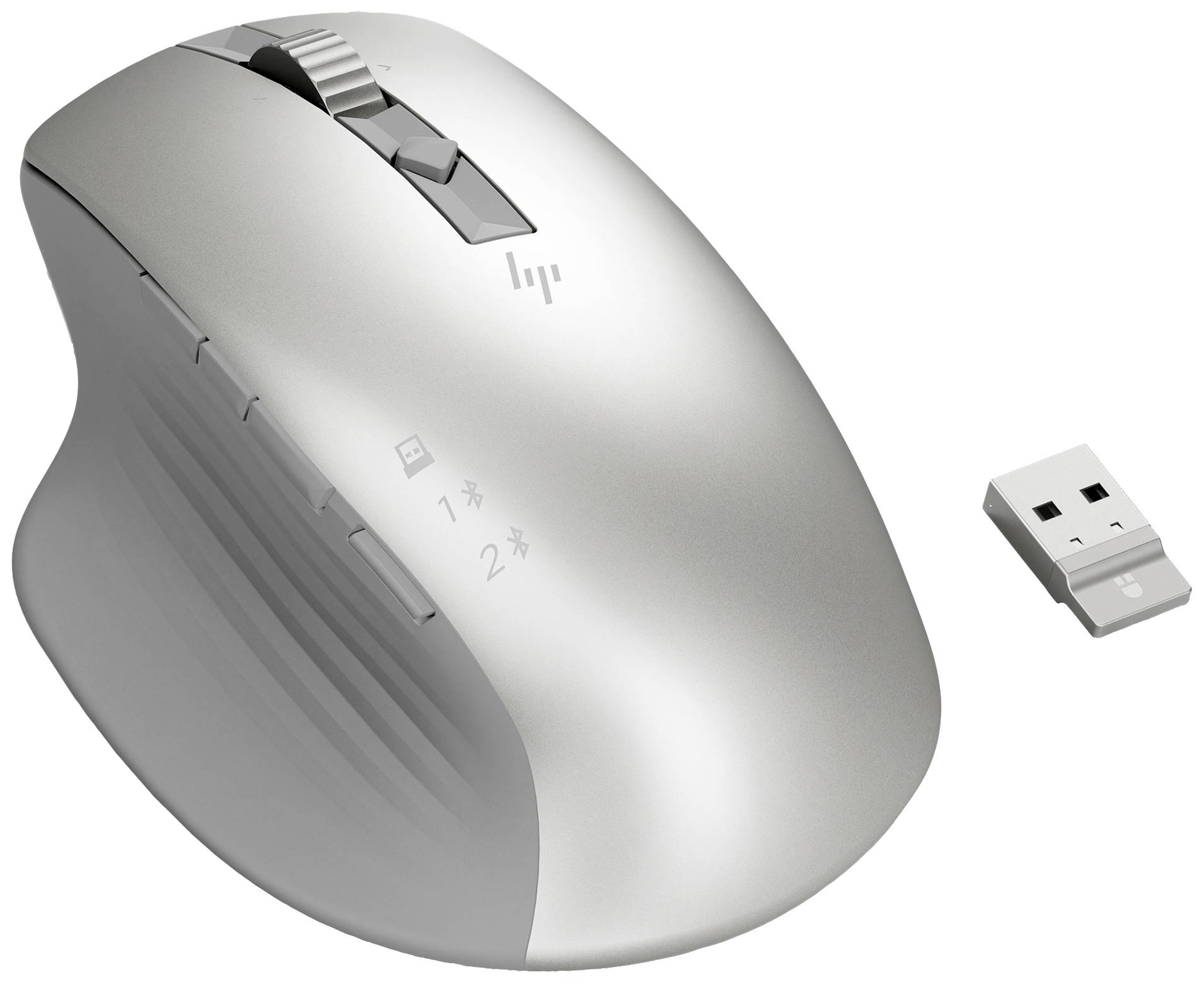 Draadloze zilveren computermuis met ergonomisch ontwerp en USB-ontvanger ernaast. Heeft meerdere knoppen voor verschillende instellingen.