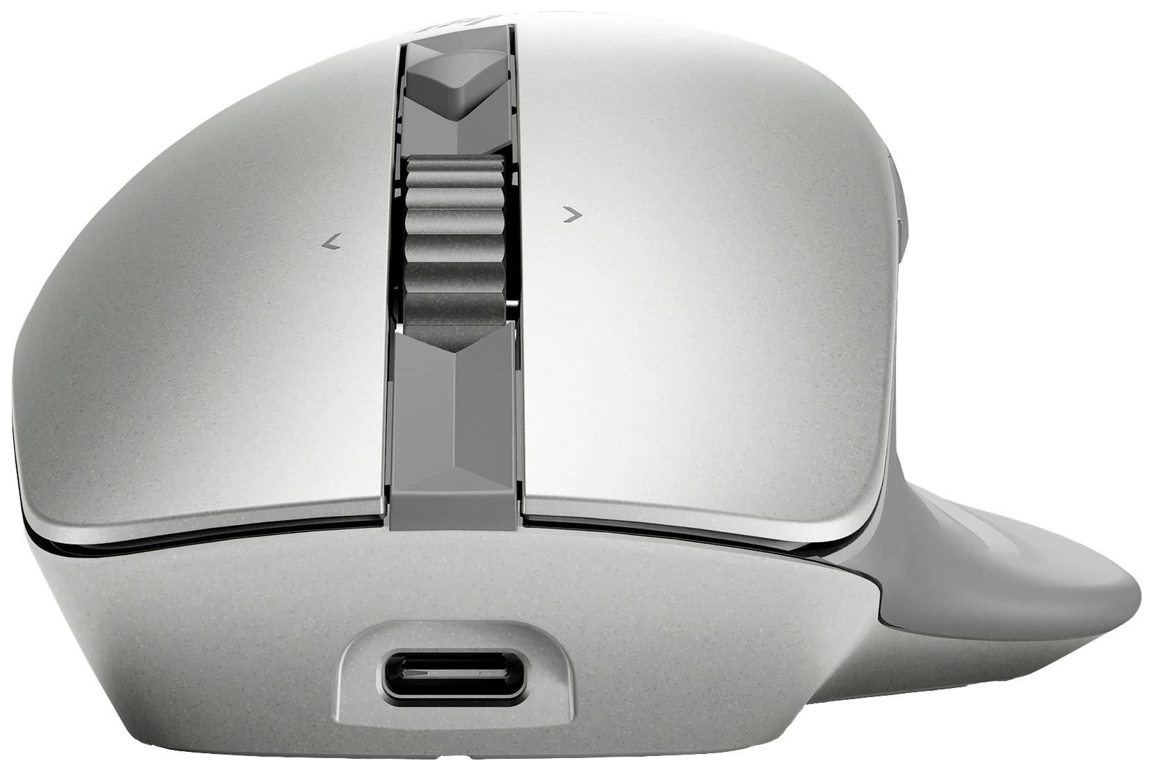 Grijze computermuis met ergonomisch ontwerp en een USB-C-aansluiting aan de voorkant.