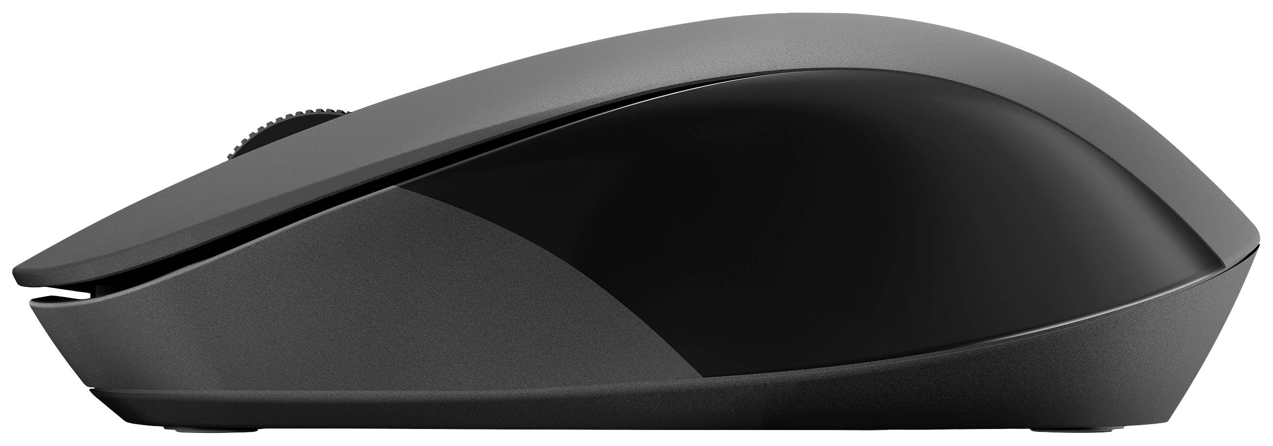 Zijaanzicht van een draadloze computermuis met een strak, zwart design en ergonomische vorm.