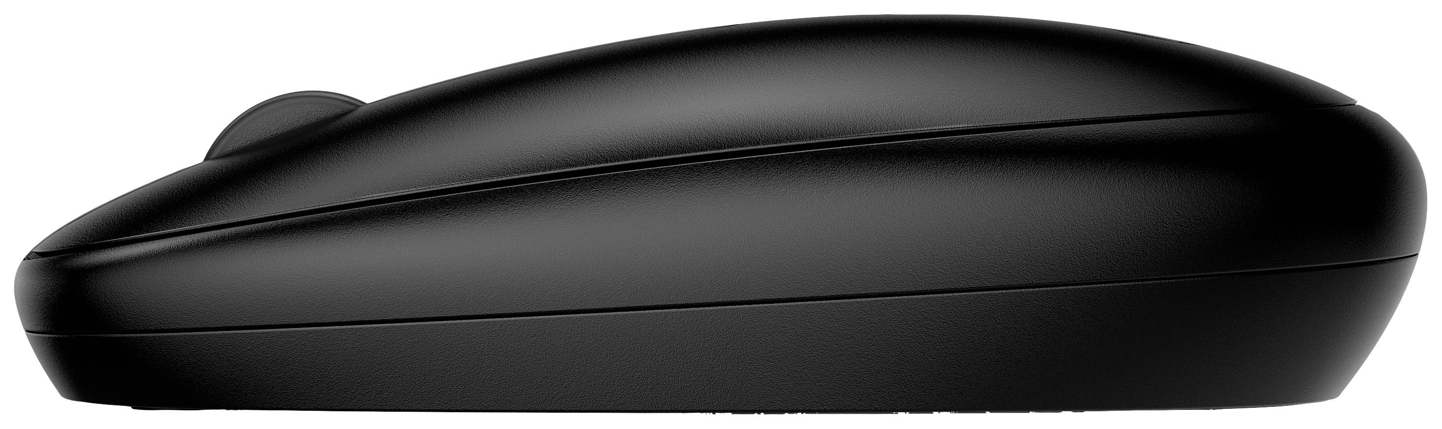 Zwarte, draadloze computermuis, zijaanzicht. Ergonomisch ontwerp, glad zonder zichtbare knoppen of kabels.