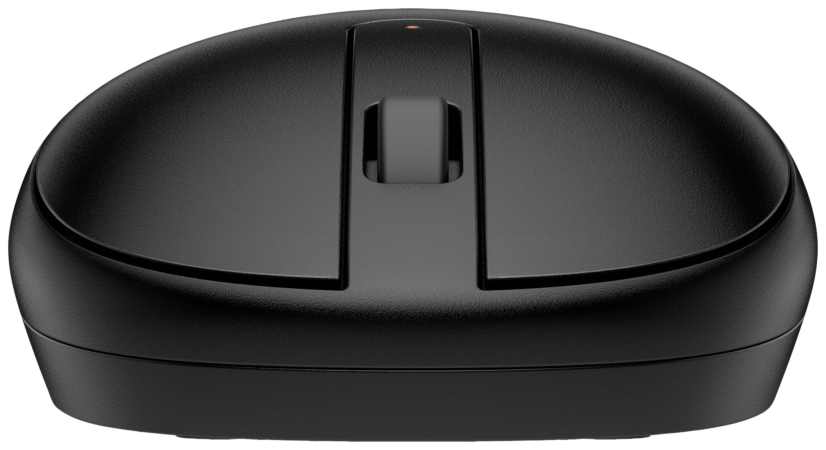 Zwarte, draadloze computermuis met twee knoppen en een scrollwiel in het midden, bekeken van voren.