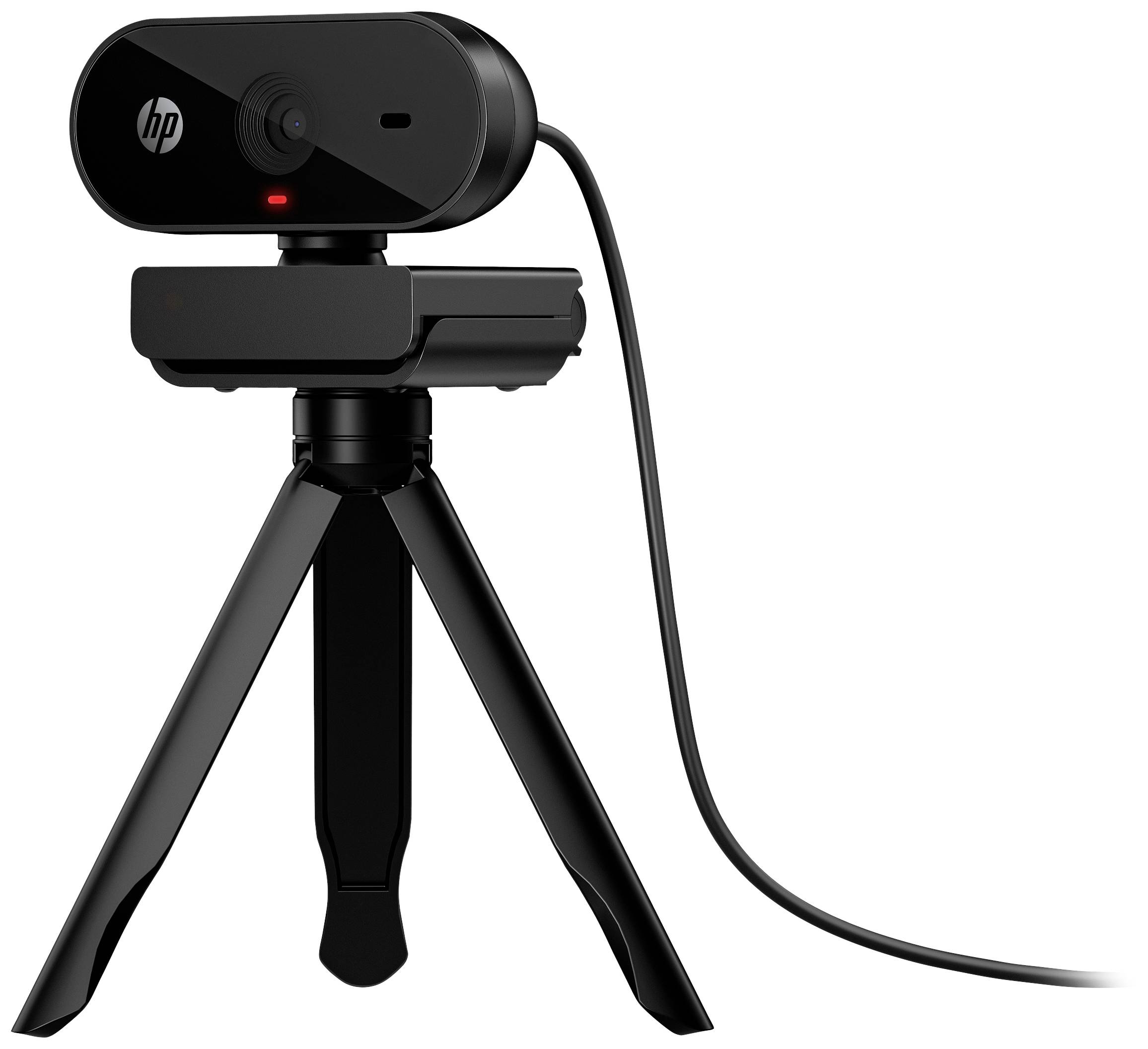 Zwarte webcam op statief, zichtbaar vanaf de zijkant, aangesloten met kabel.