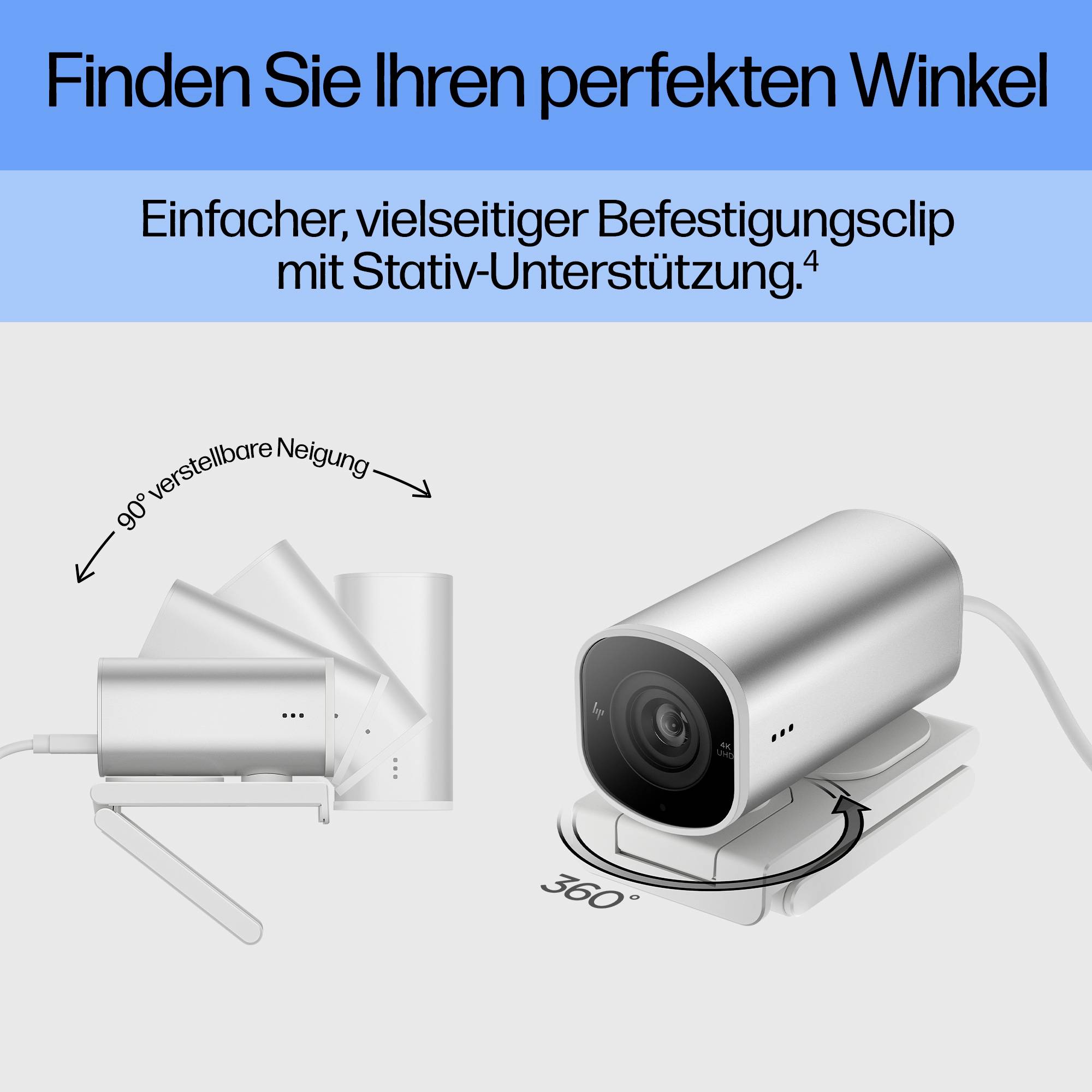 Een camera in een verstelbare clip demonstreert zijn 360-graden rotatie en 90-graden kanteling. Tekst: 'Vind uw perfecte hoek'.