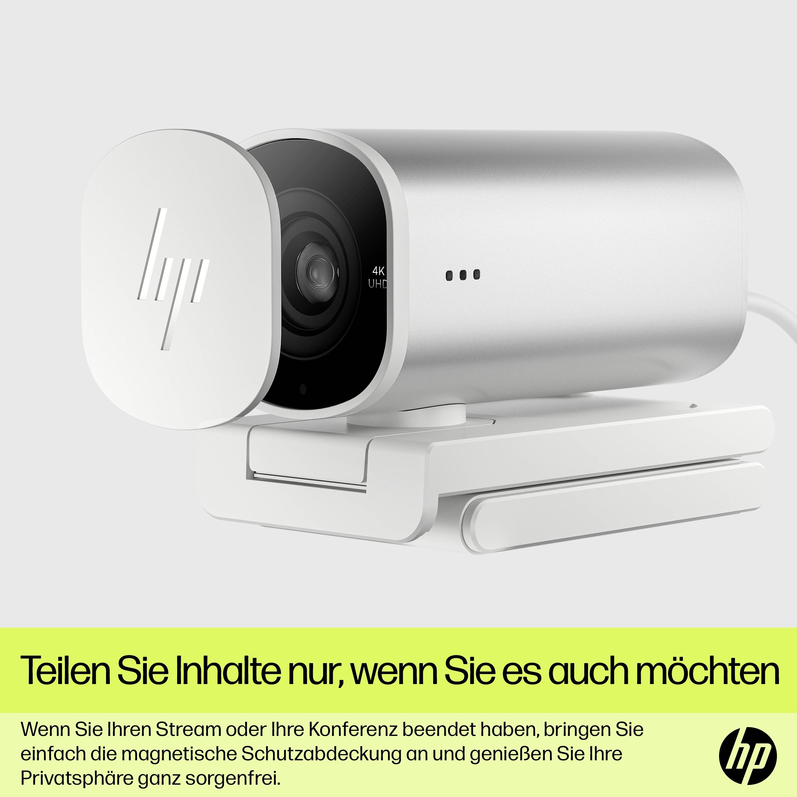 Een witte, moderne bewakingscamera met HP-logo, geschikt voor 4K-videostreaming, op een witte achtergrond. Tekst: 'Deel inhoud alleen als u dat wilt'.