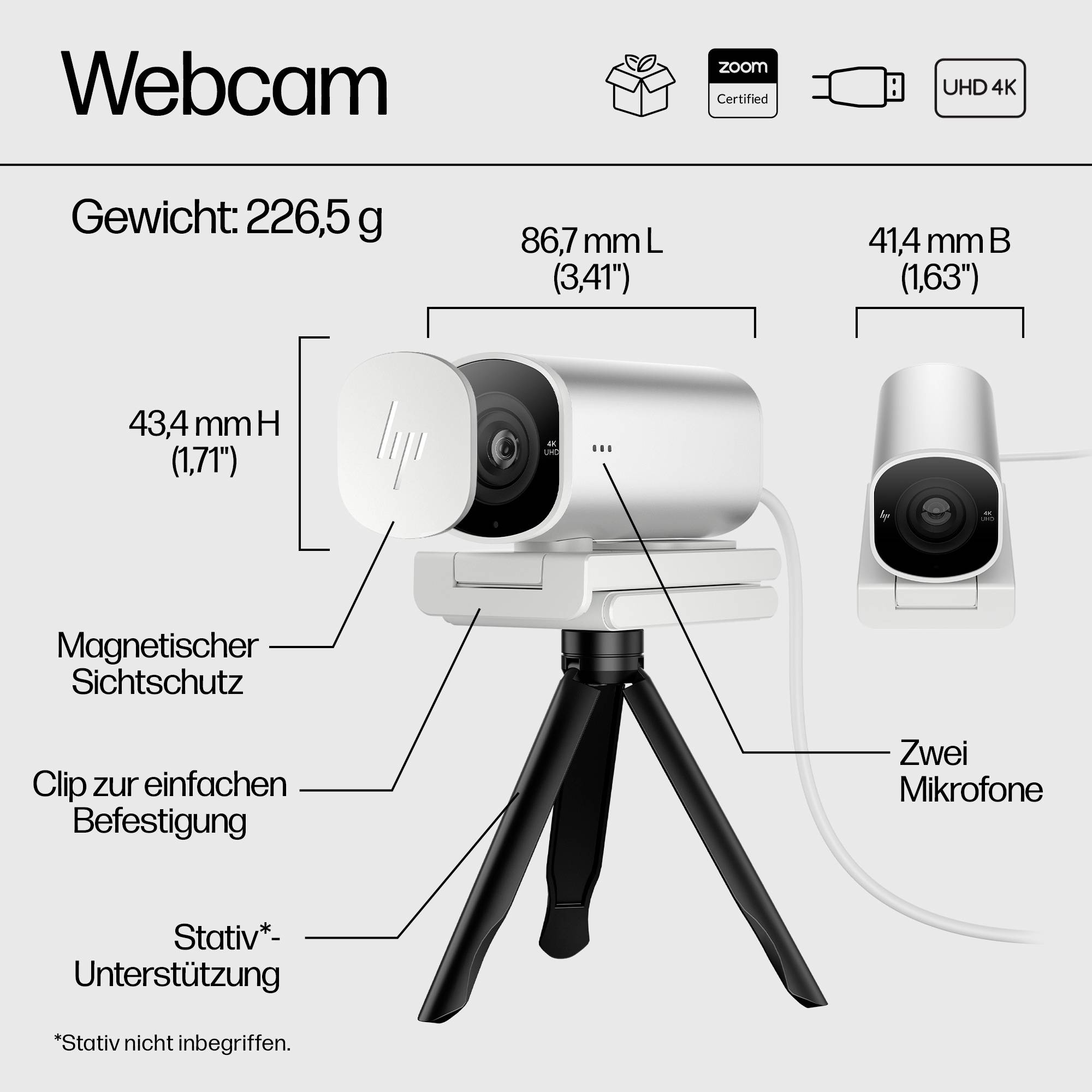 'Webcam met 4K UHD-resolutie, magnetische privacyafdekking, dubbele microfoons en statief-ondersteuning. Gewicht: 226,5 g.'