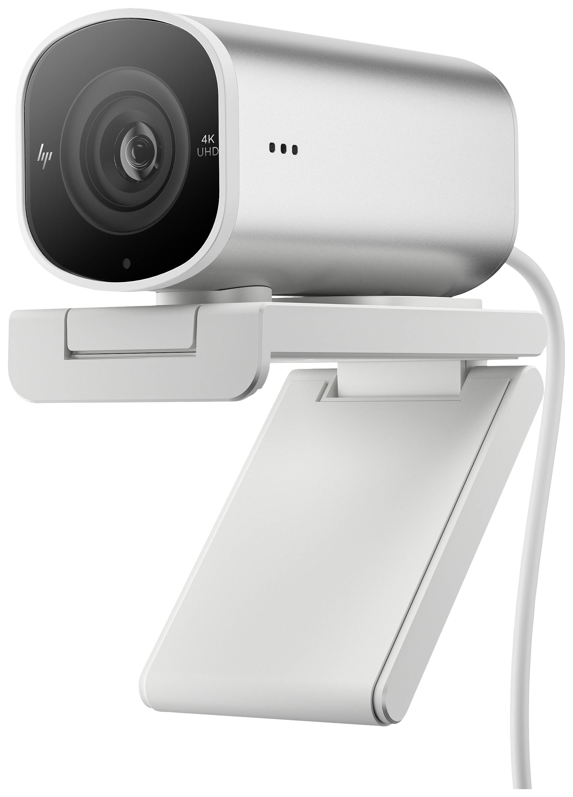 Een zilveren webcam met klembevestiging, USB-kabel en 4K-resolutie; geschikt voor montage op monitors.