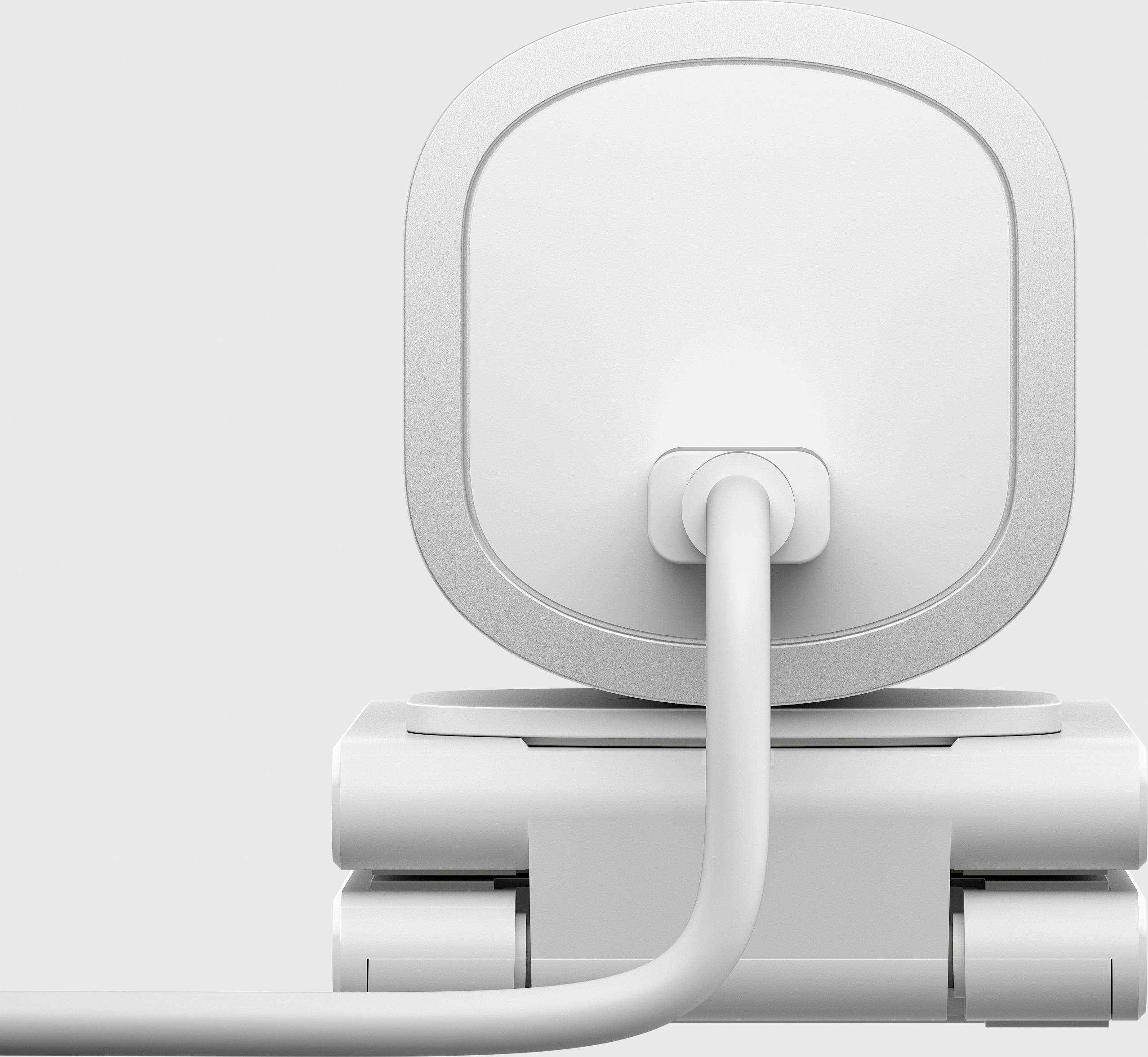 Achterkant van een witte moderne monitor met een aangesloten kabel.
