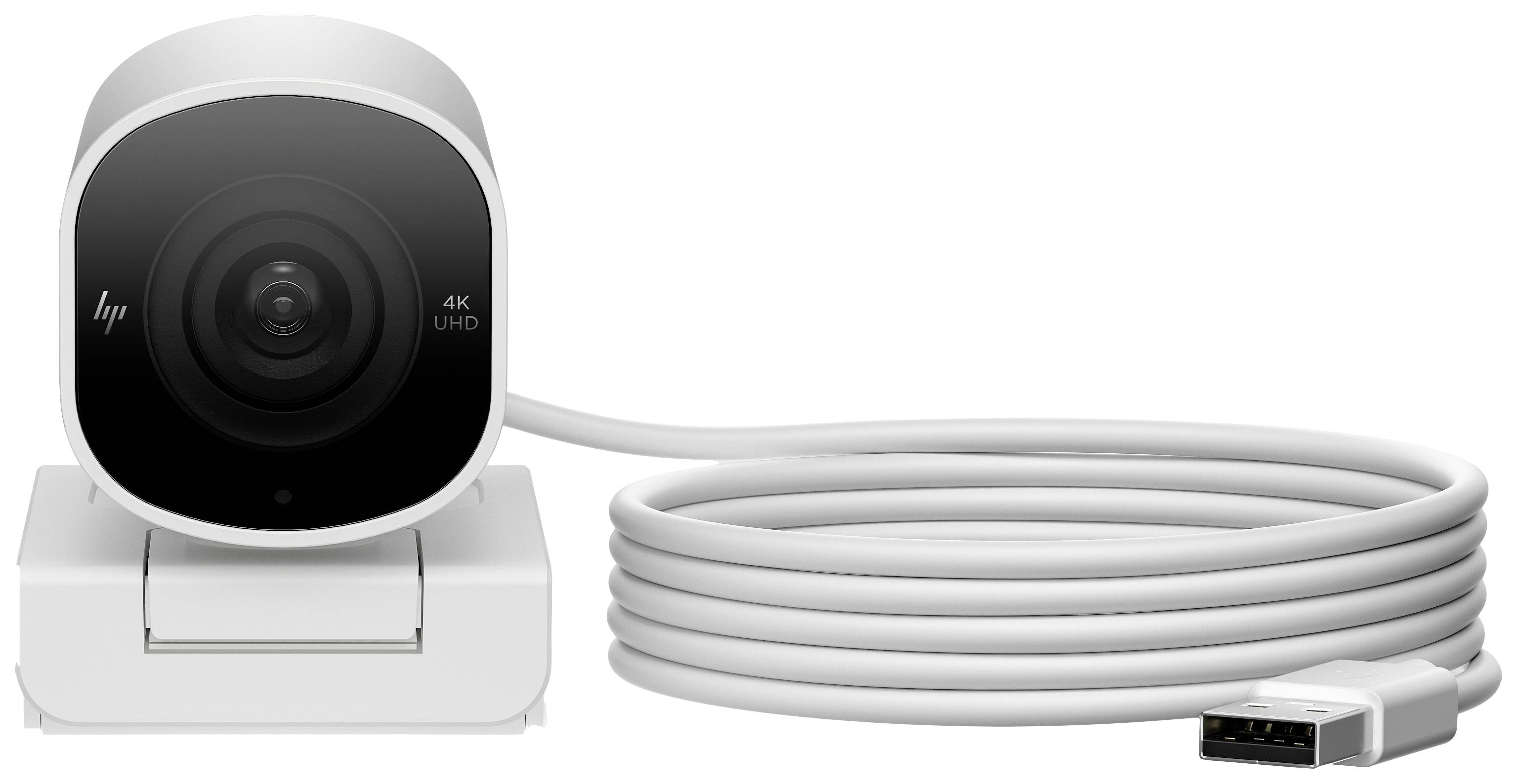 Webcam op een witte voet met een lange, opgerolde USB-kabel. Op de voorkant staat '4K UHD'.