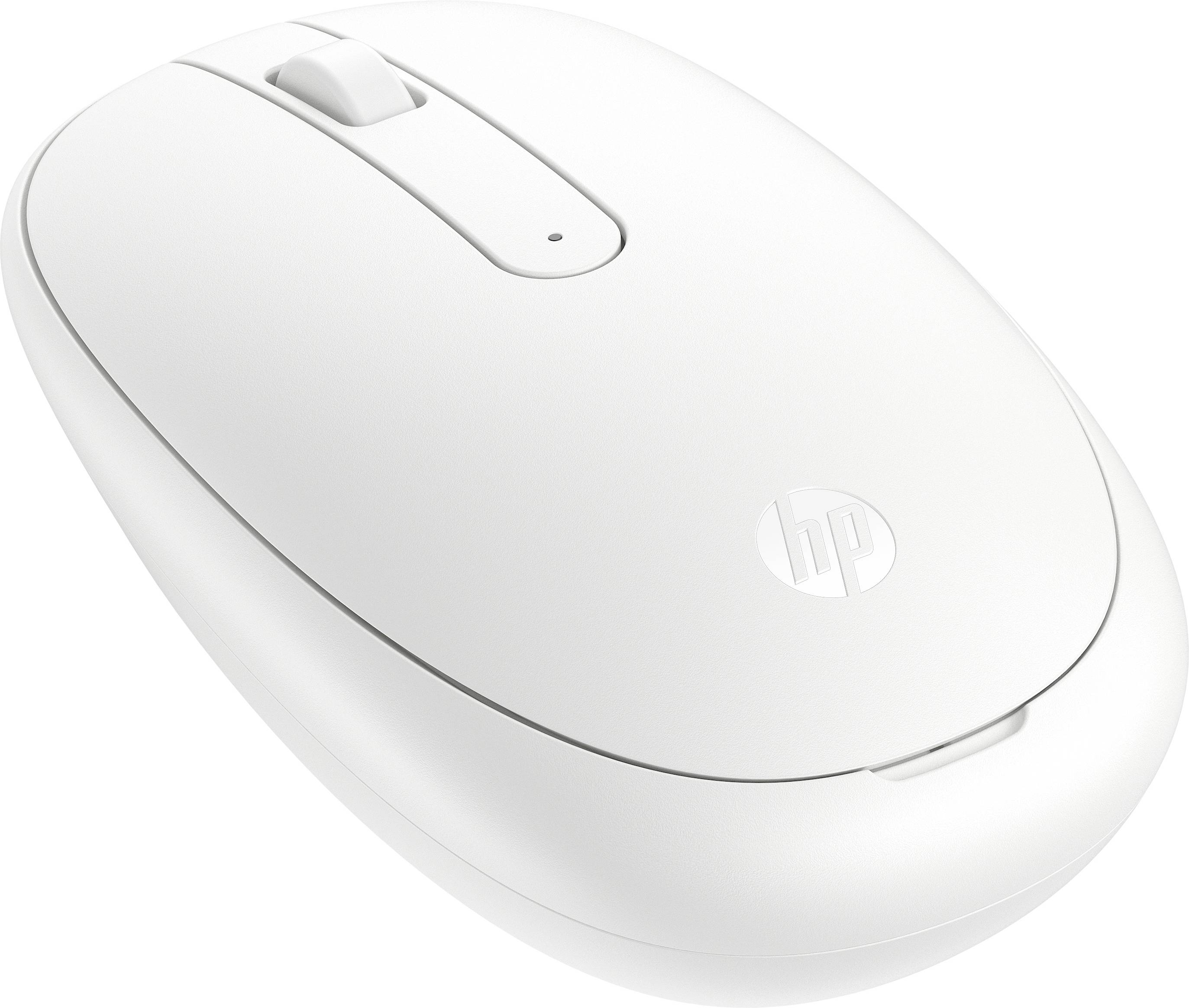 Witte draadloze computermuis van HP met scrollwiel en twee knoppen.