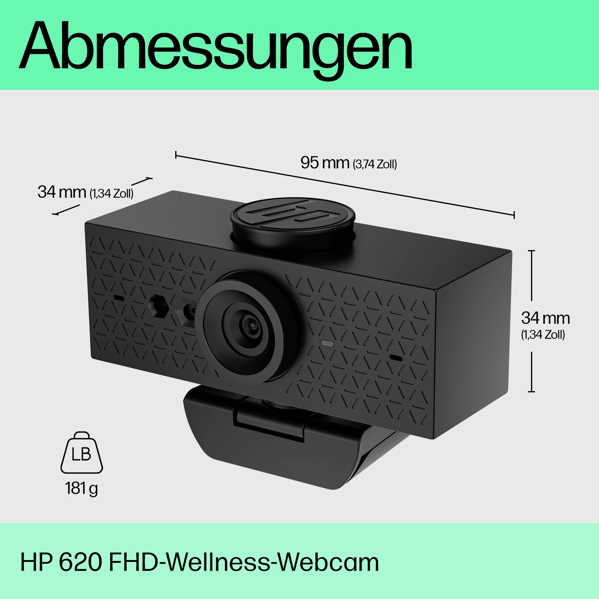 Afmetingen van de HP 620 FHD-wellness-webcam: 95 mm x 34 mm x 34 mm, gewicht 181 g.