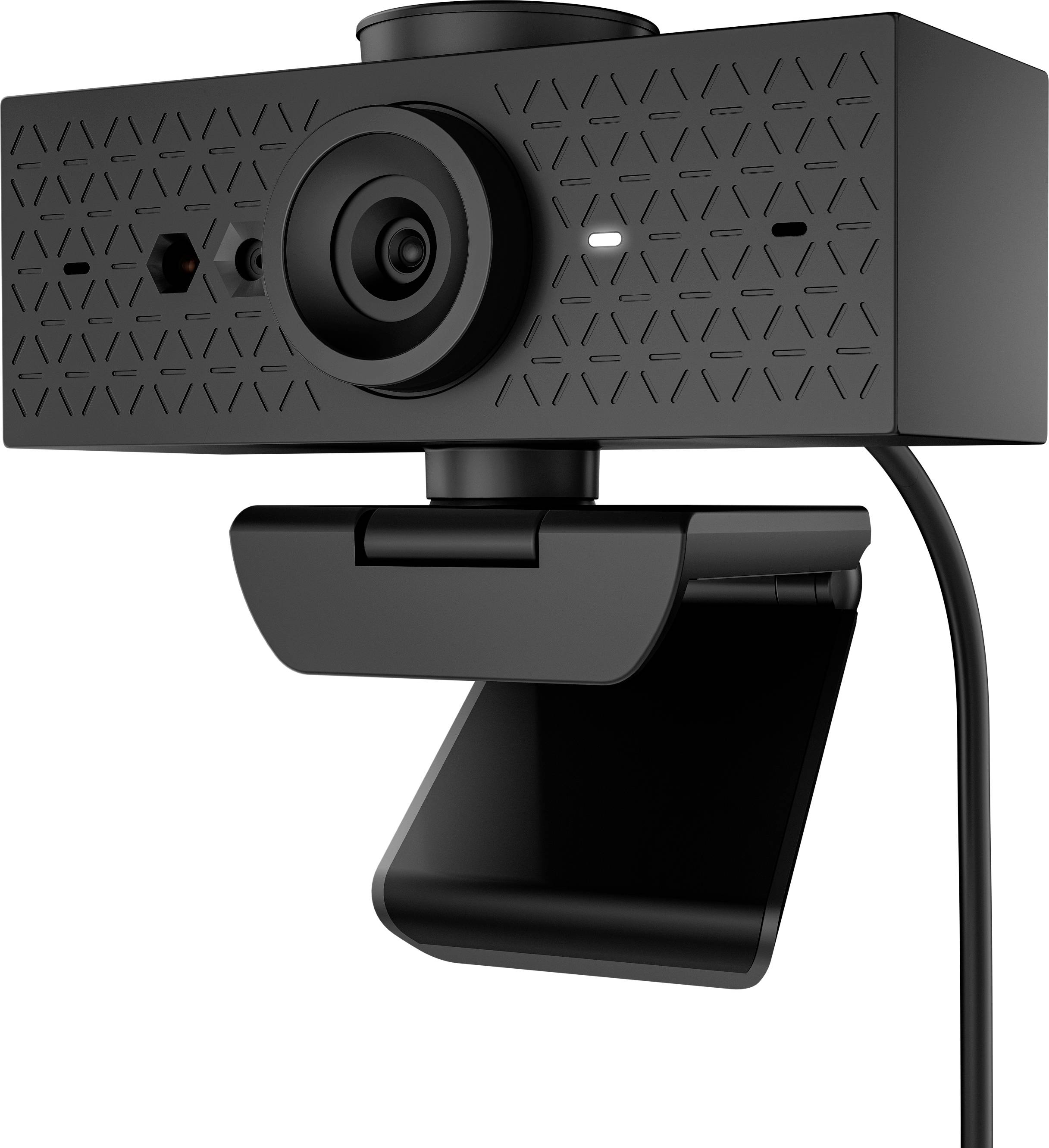 Zwarte webcam met rechthoekige behuizing en afgeronde lens, bevestigd aan een flexibele clip voor montage op monitors.