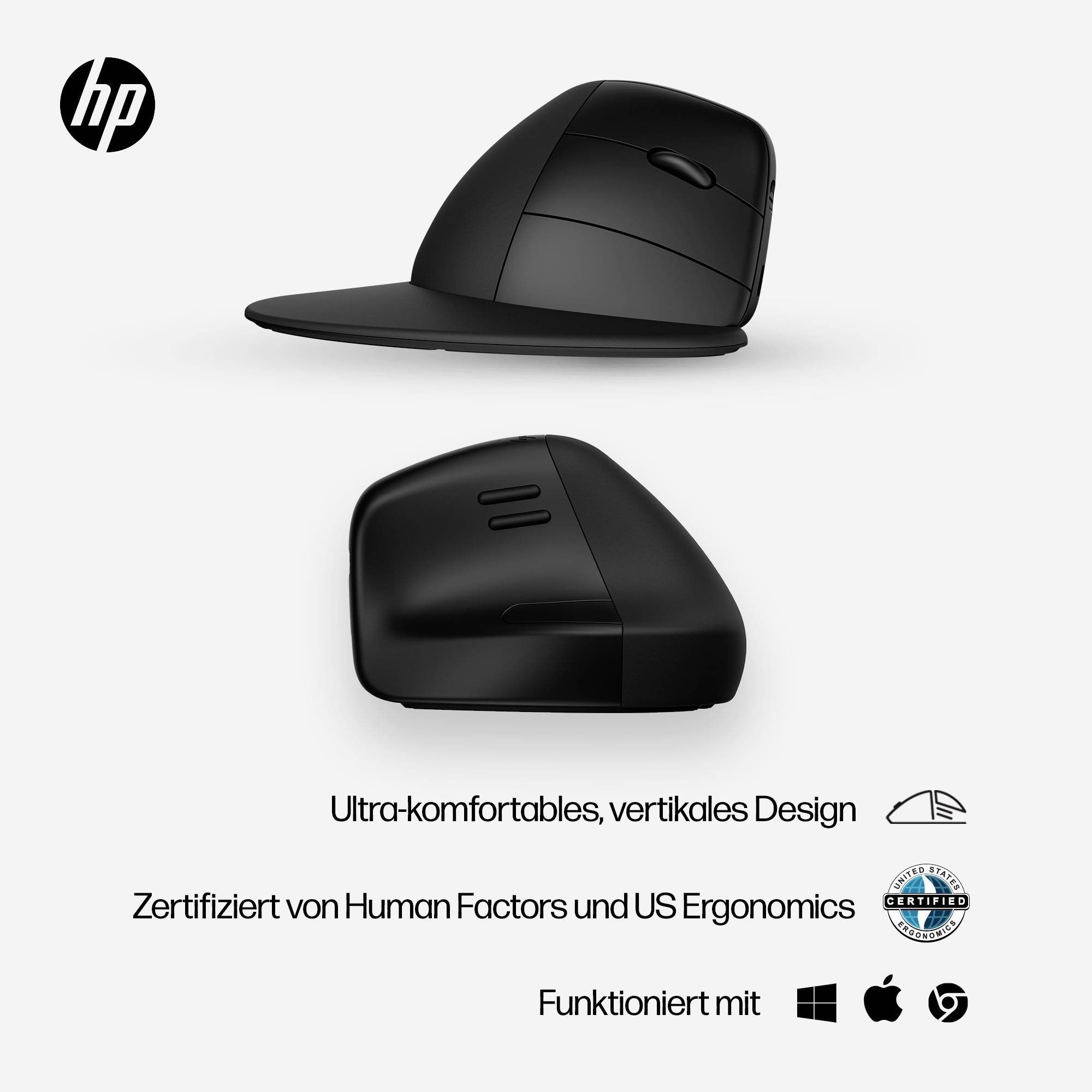 Ultra-comfortabele, verticale muis van HP, gecertificeerd voor ergonomie, compatibel met Windows, Mac en Linux.