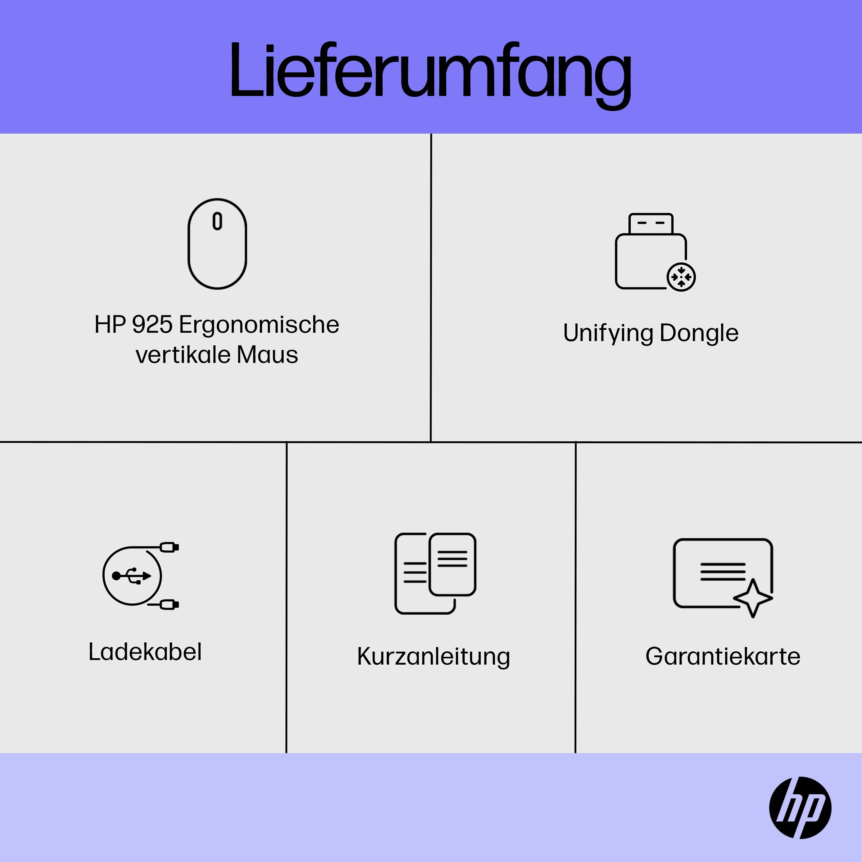 'Leveringsomvang: HP 925 Ergonomische verticale muis, Unifying-dongle, oplaadkabel, snelstartgids, garantiekaart'