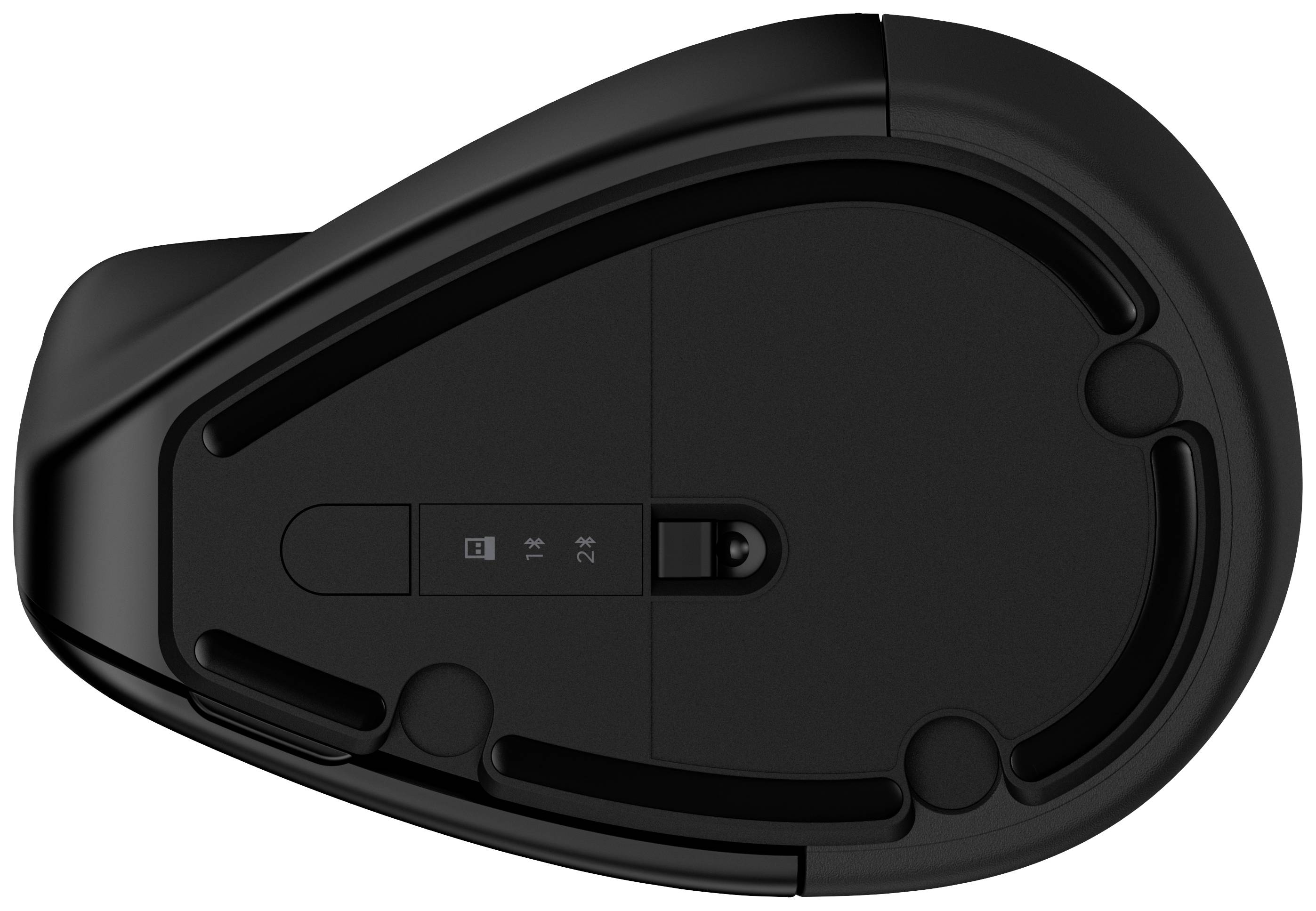 Onderkant van een zwarte computermuis met batterijvak en aan/uit-schakelaar.