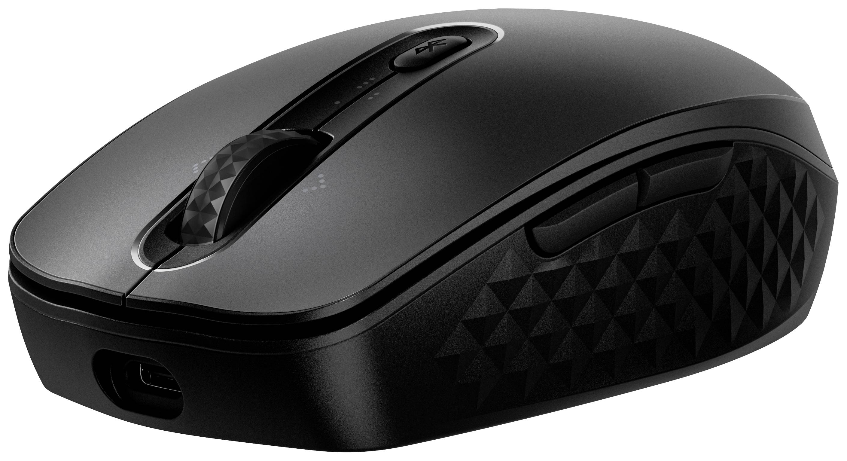 Zwarte draadloze computermuis met scrollwiel en zijdelings patroon, geschikt voor comfortabel gebruik en efficiënt werken.