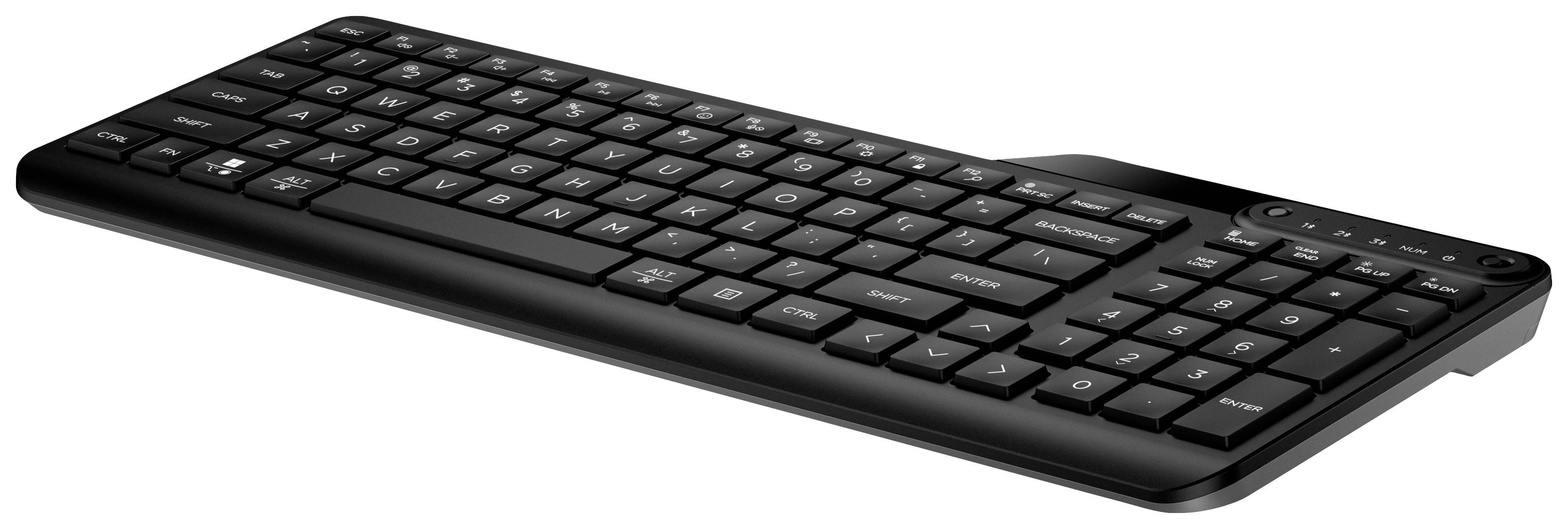 Een zwarte, draadloze toetsenbord met een slanke vormgeving, inclusief numeriek toetsenblok, geschikt voor computers en kantoorwerkzaamheden.
