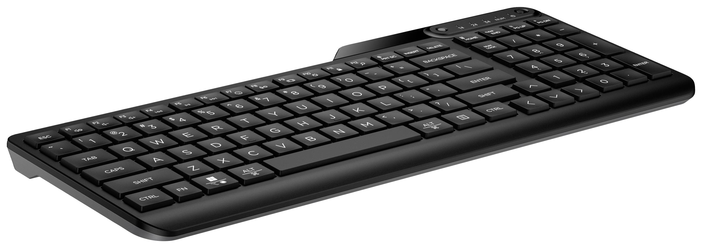 Een zwart, draadloos computertoetsenbord met een smal ontwerp en functietoetsen aan de rechterkant. Ideaal voor een modern kantoor.