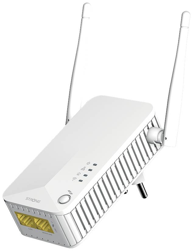 Witte wifi-versterker met twee antennes en meerdere statusindicatoren. Rechtstreeks aangesloten op een stopcontact. Bedoeld om het wifi-signaal te verbeteren.