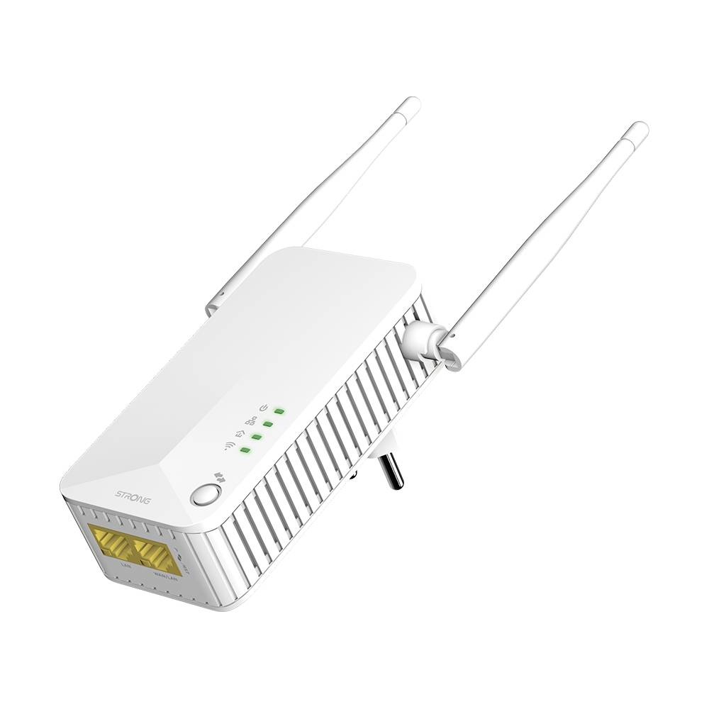 WLAN-repeater met twee antennes, wit behuizing. Toont statusaanduidingen voor stroom, WLAN en Ethernet.
