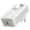 Powerline-adapter met stopcontact, Ethernet-aansluiting en LED-indicatoren voor netwerkactiviteit. Het apparaat wordt direct in het stopcontact gestoken.