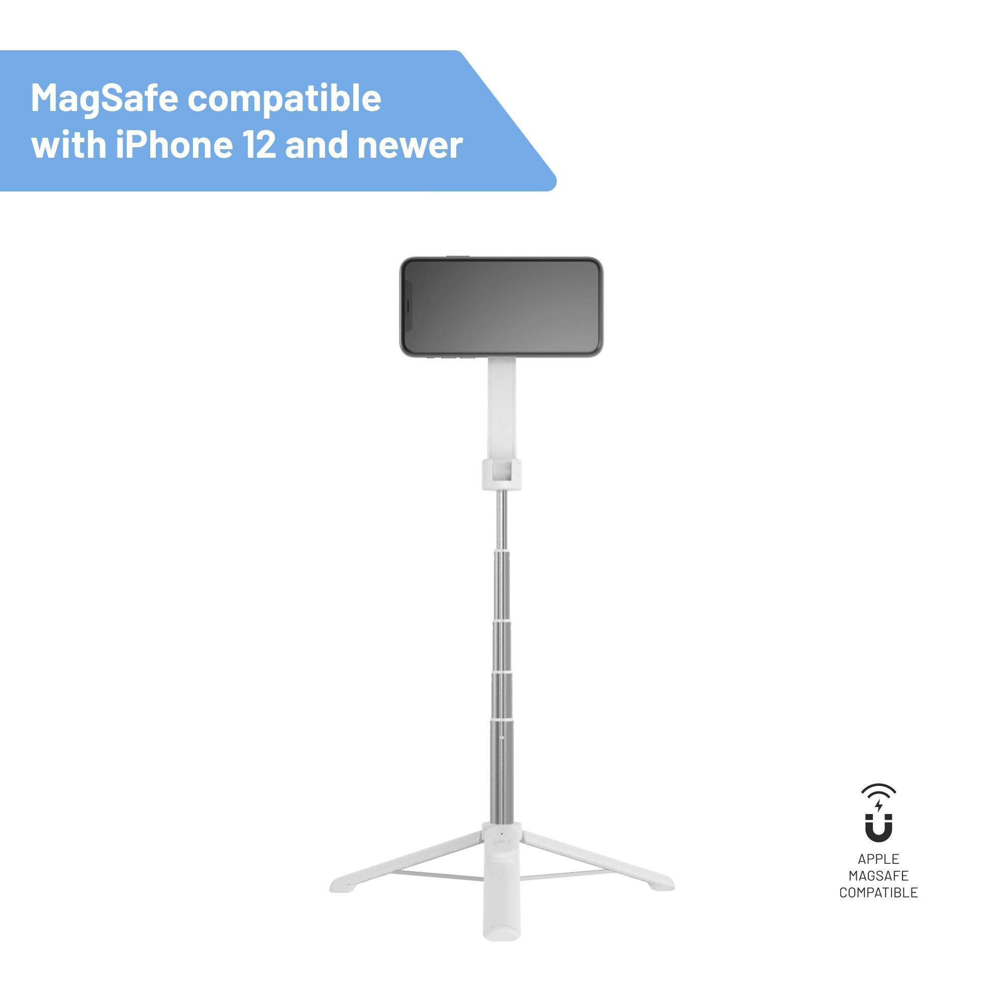 Smartphonestandaard met smartphone die rechtop wordt weergegeven. Tekst in de afbeelding: 'Compatibel met MagSafe voor iPhone 12 en nieuwer.'