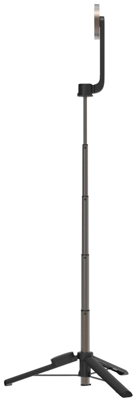 Een hoogteverstelbare statief met uittrekbare telescooparm en drie poten, geschikt voor apparaten zoals camera's of microfoons.