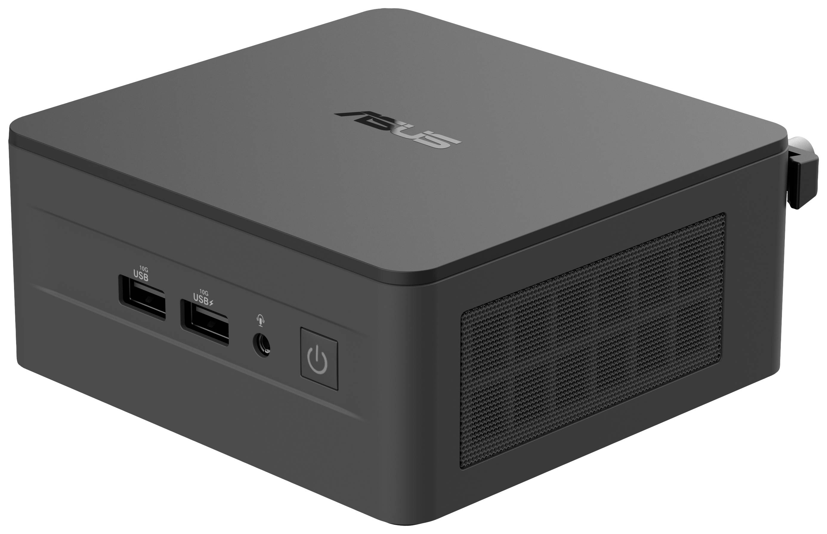 Een kleine, vierkante mini-pc in zwart design van Asus, met twee USB-poorten, een audio-aansluiting en een aan/uit-knop aan de voorkant.