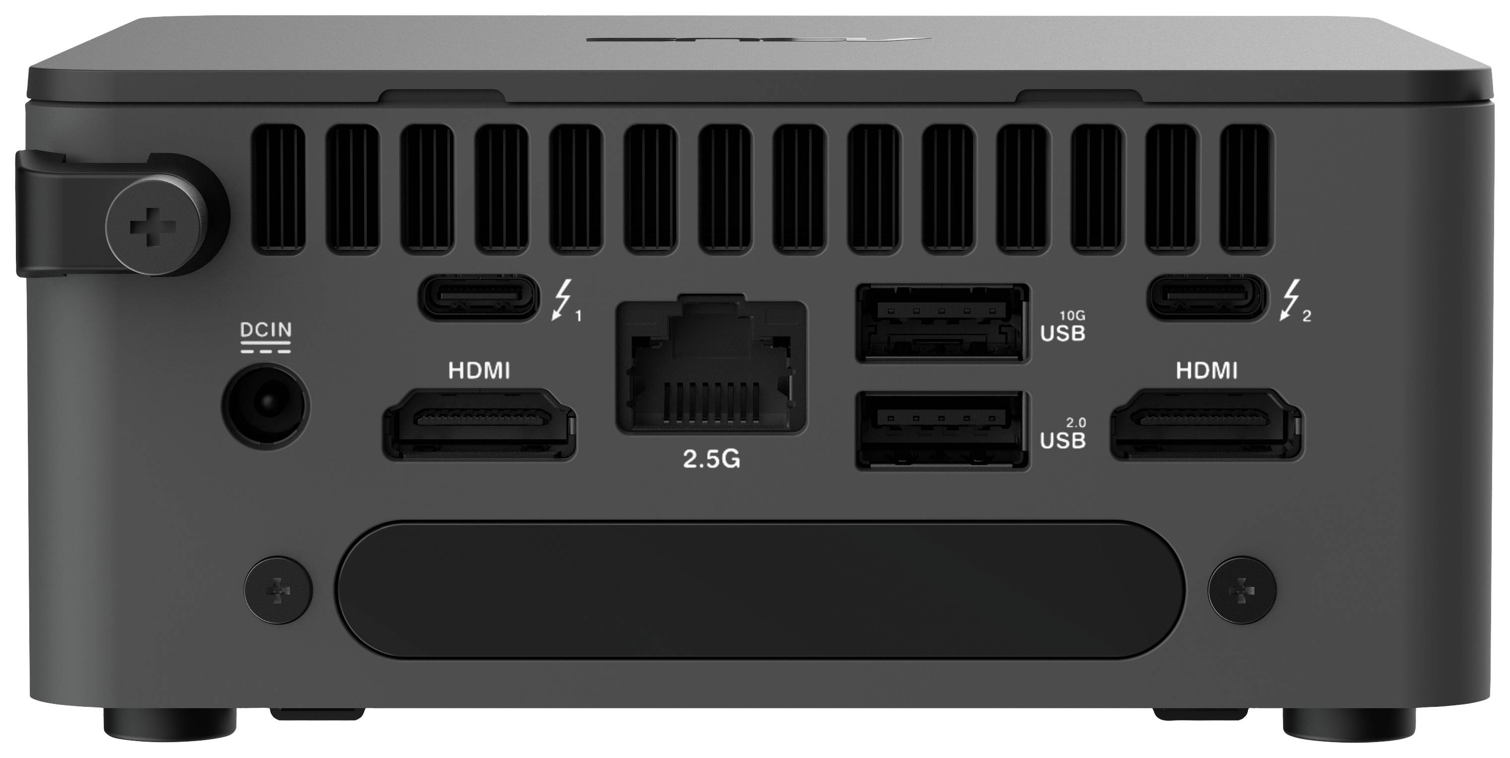 Achterkant van een compacte computer met twee Thunderbolt-poorten, een Ethernet-poort, twee HDMI-poorten en drie USB-poorten.