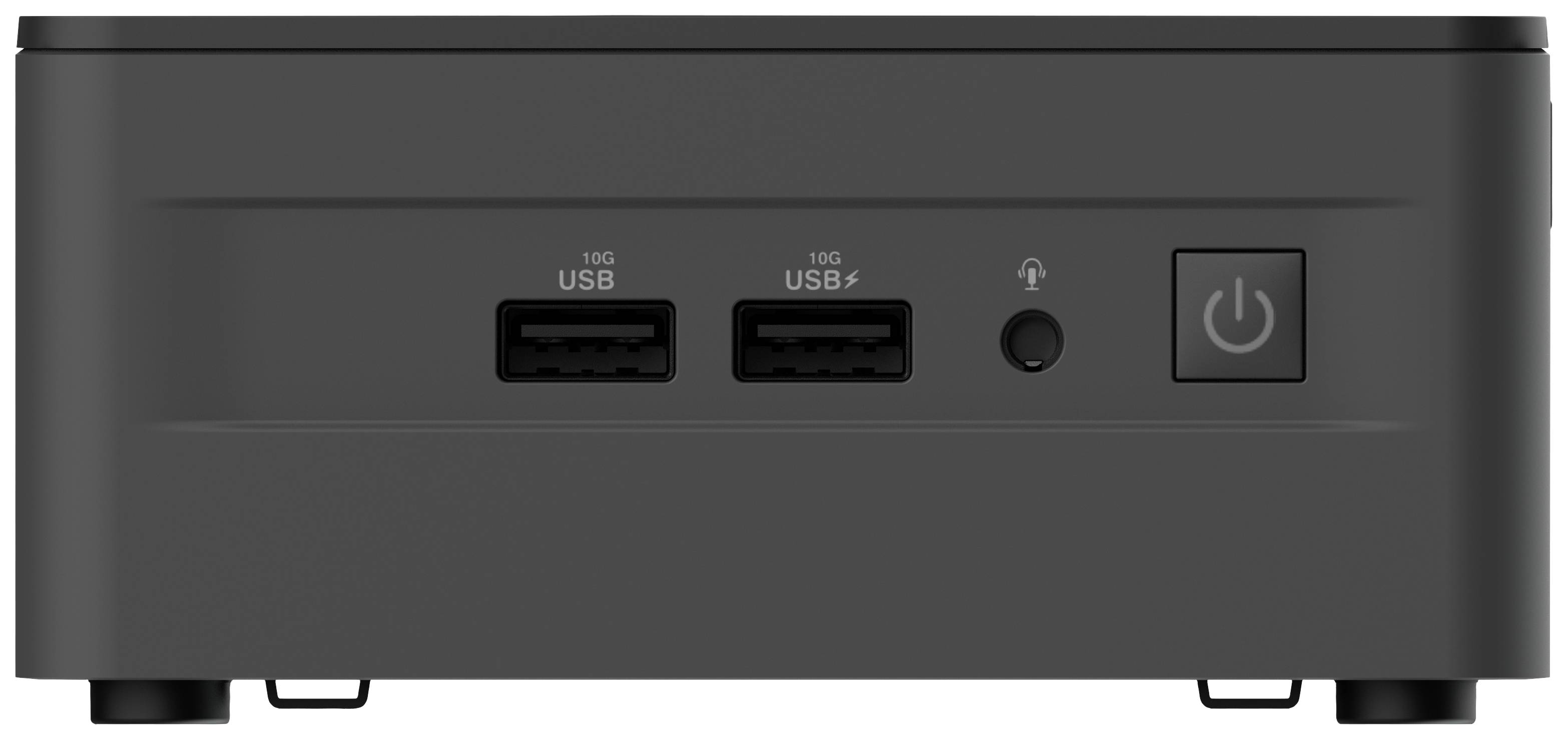 Een zwarte mini-pc met twee USB-poorten, een koptelefoonaansluiting en een aan-/uitschakelaar aan de voorkant.