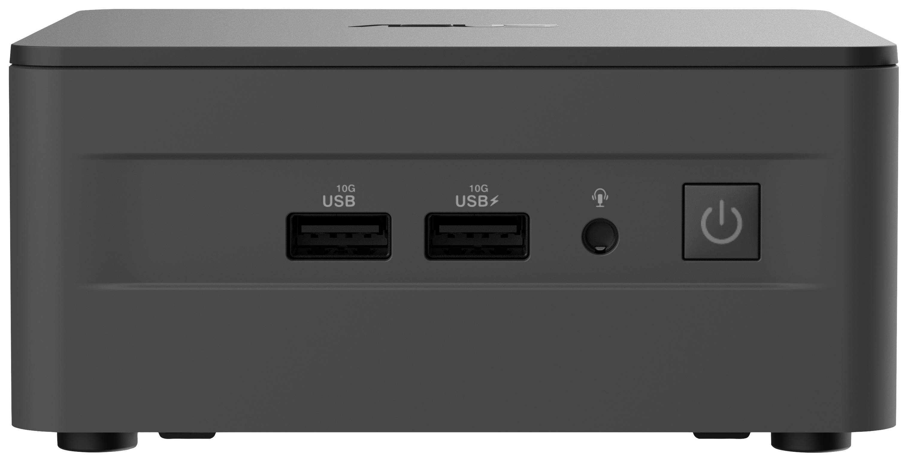 Zwarte mini-computerbehuizing met twee USB-poorten, een koptelefoonaansluiting en een netschakelaar aan de voorkant.