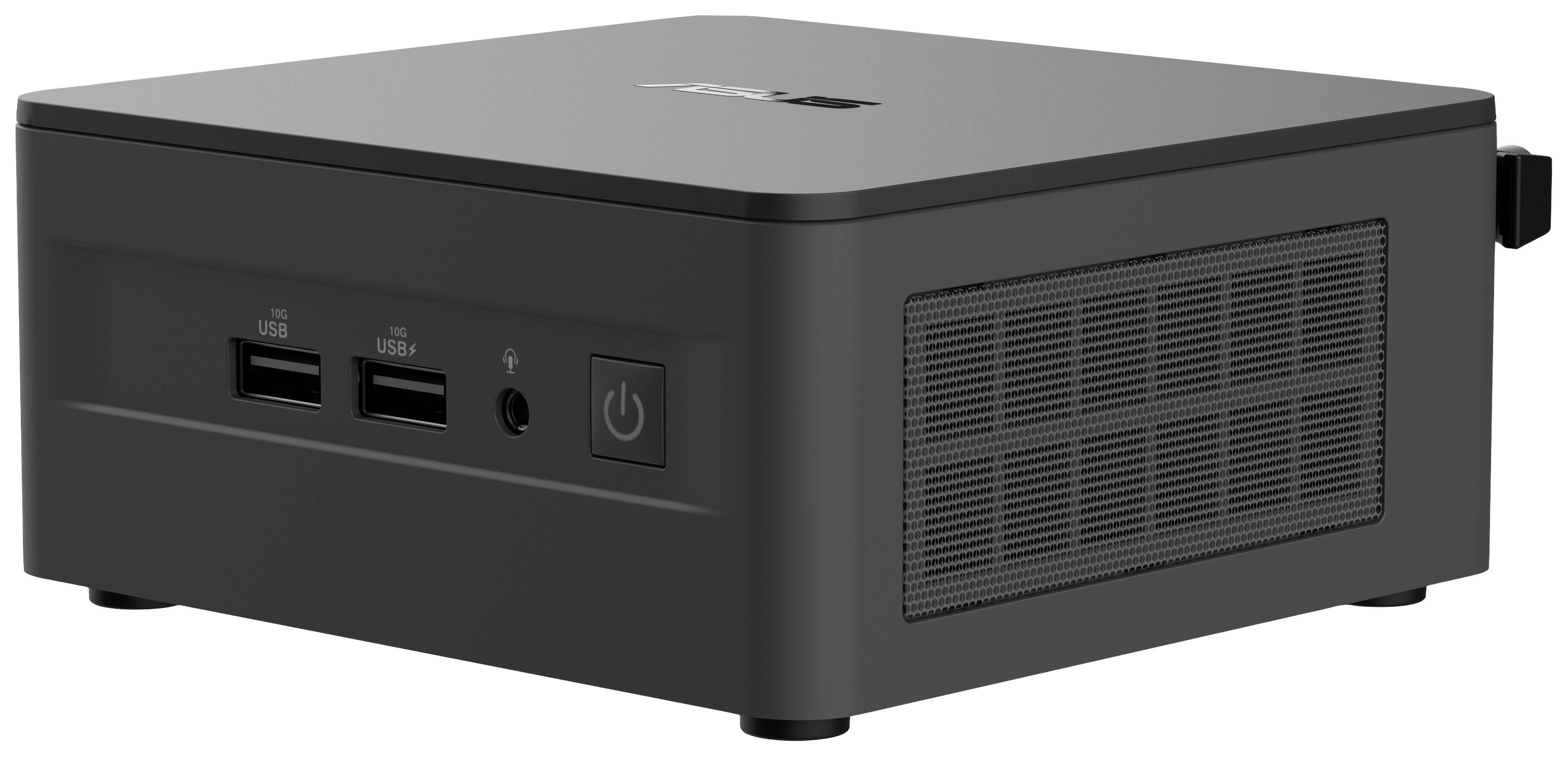 Compacte zwarte mini-pc met verluchtingssleuven aan de zijkant, twee USB-poorten, een audioaansluiting en een aan-/uitknop aan de voorkant.