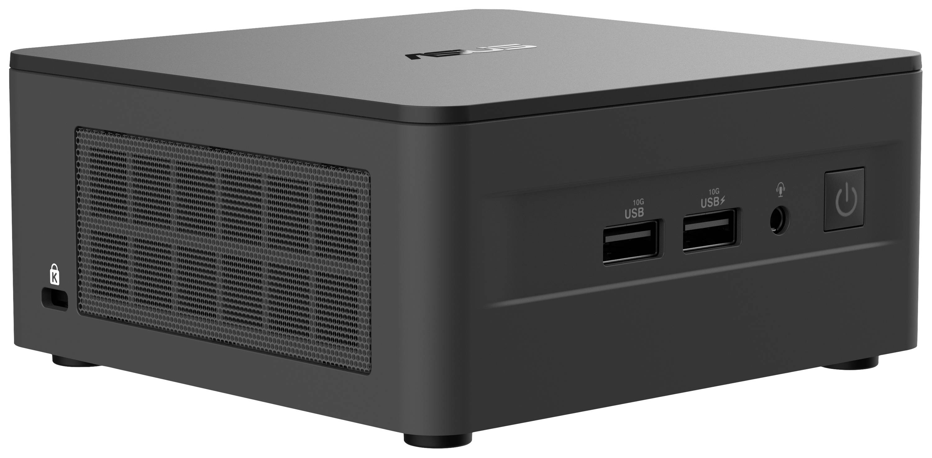 Een zwarte, compacte mini-pc met twee USB-poorten, audio-uitgang, ventilatiesleuven aan de zijkant en een aan-/uitschakelaar aan de voorkant.