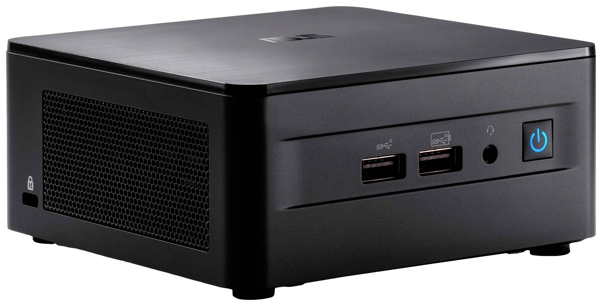 Een zwarte mini-pc met vier USB-poorten, een audio-aansluiting en een netschakelaar aan de voorkant.
