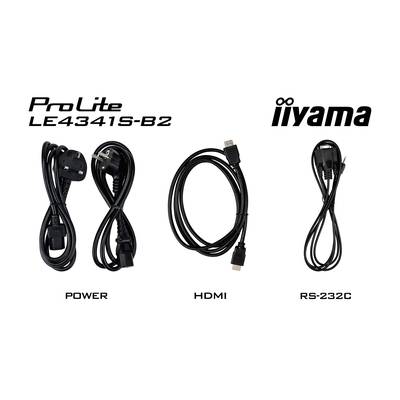 'Drie kabels voor iiyama ProLite LE4341S-B2: stroomkabel, HDMI-kabel en RS-232C-kabel.'