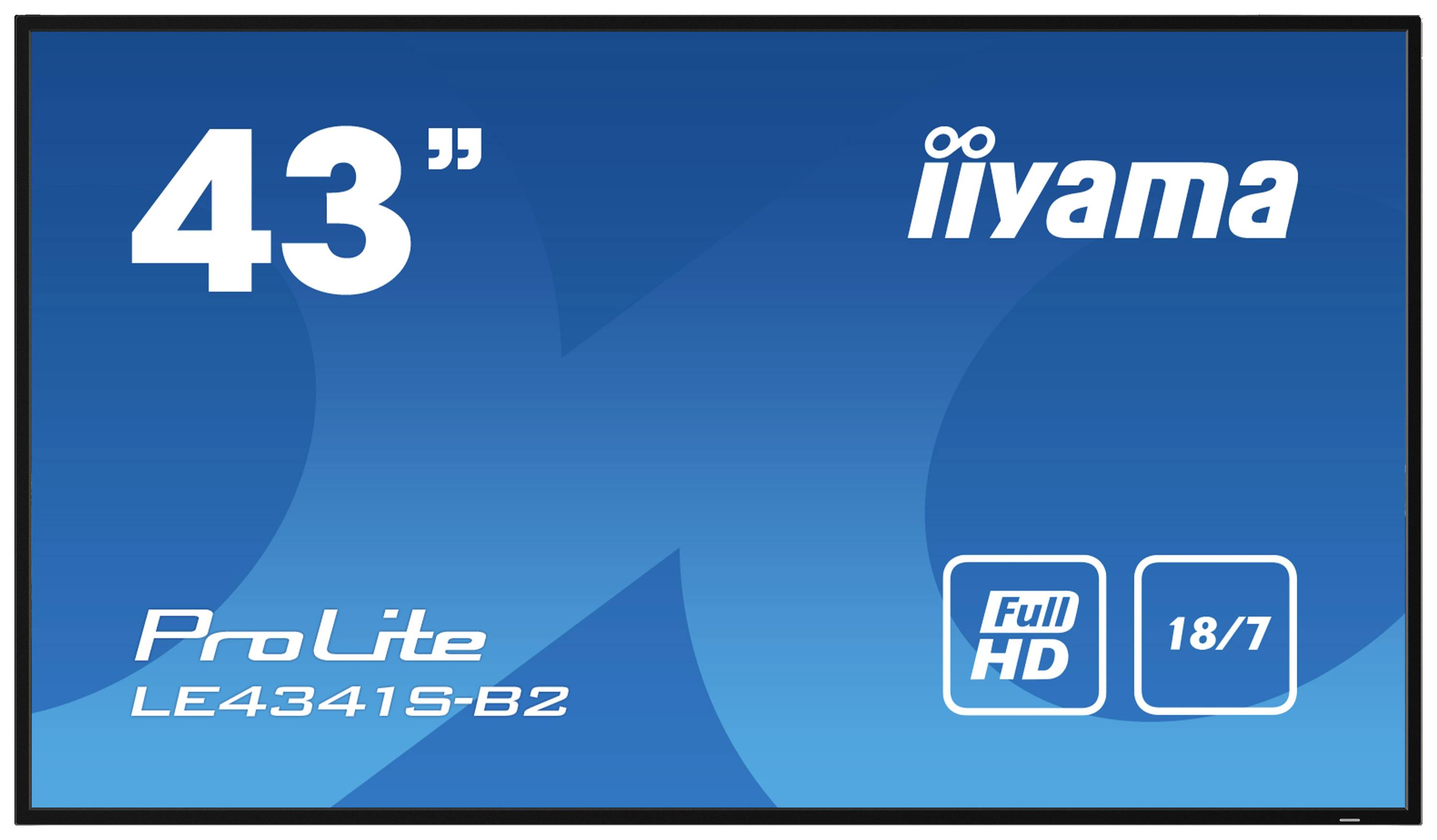 Een beeldschermmodel 'ProLite LE4341S-B2' van iiyama. Formaat: 43 inch, Full HD, gebruiksduur: 18/7 uur.